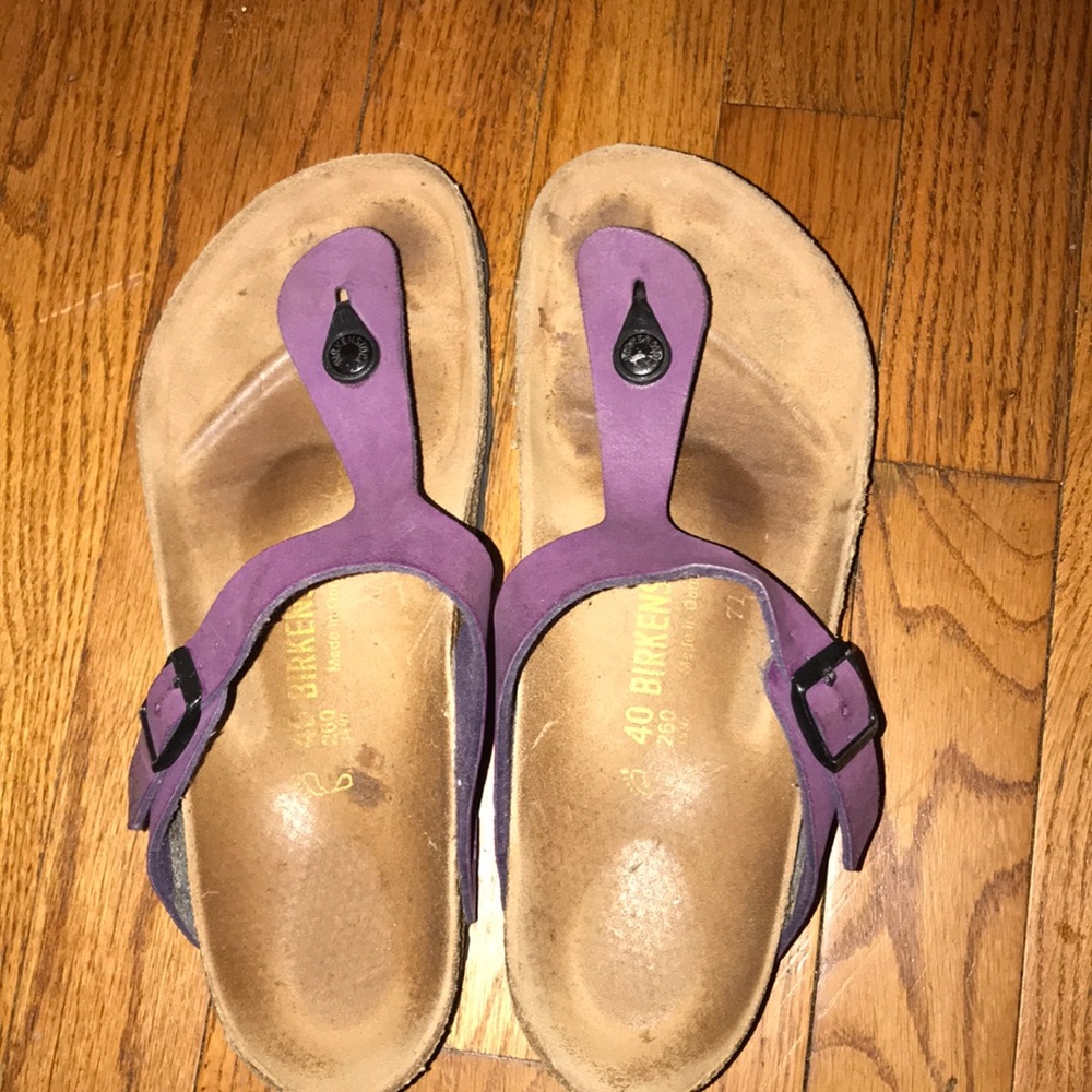 purple Birkenstock flip flops